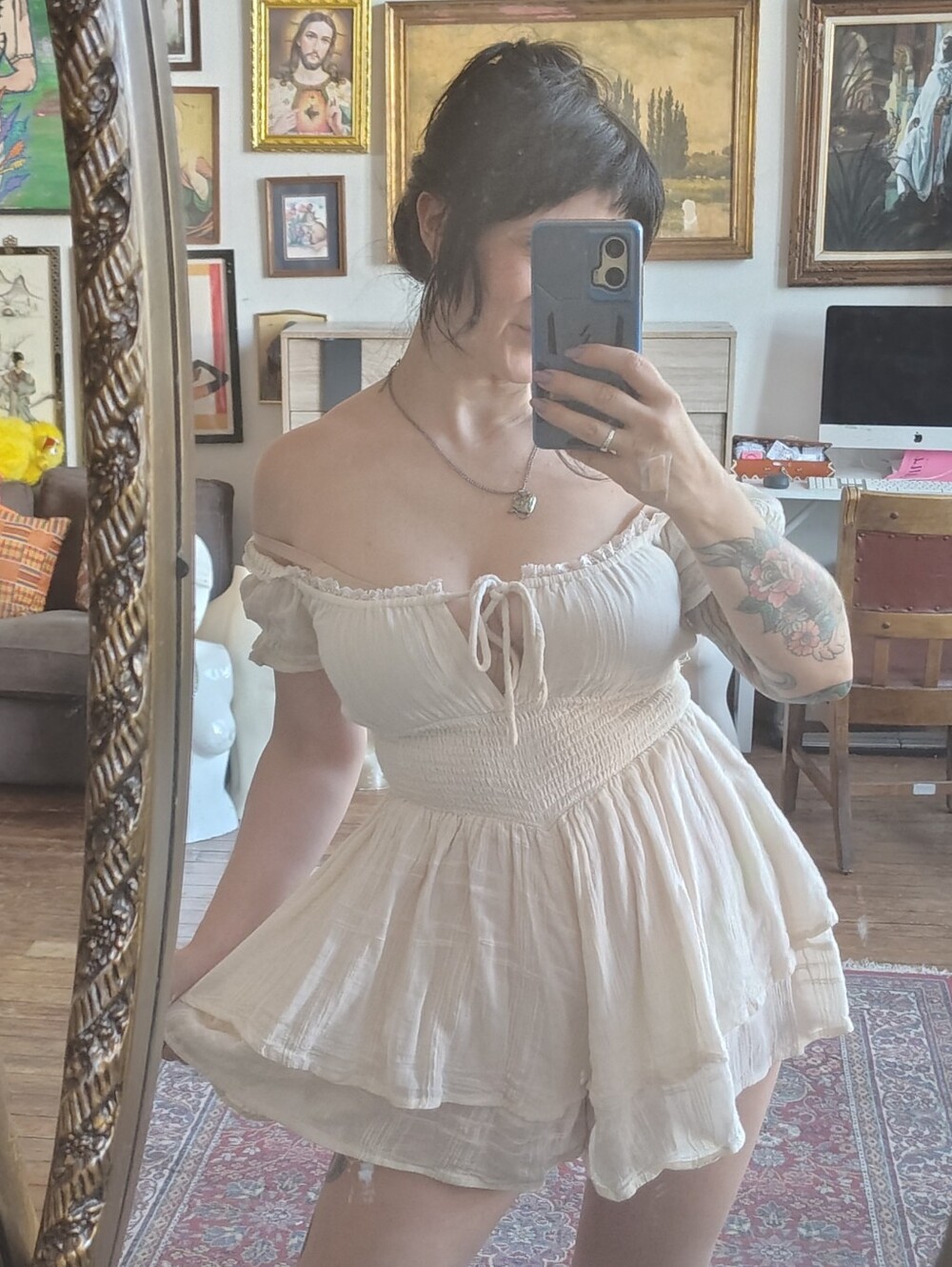 UO Urban Outfitters Rosie Smocked Tiered Ruffle Romper Cream Ivory Size Small